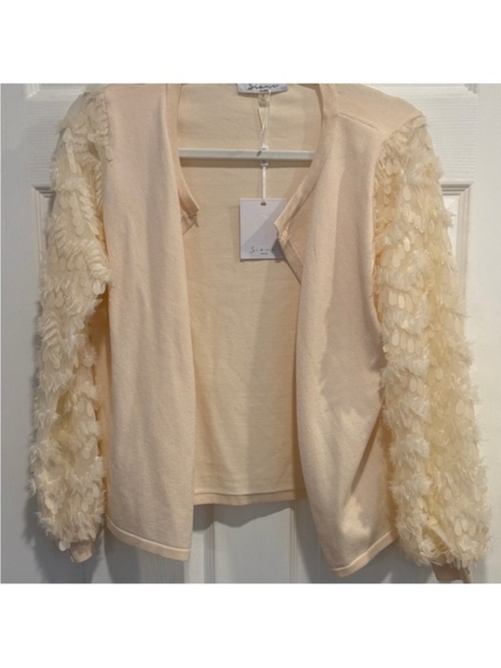 Sioni Cream Open-Front Cardigan with Textured Sleeve Detail
